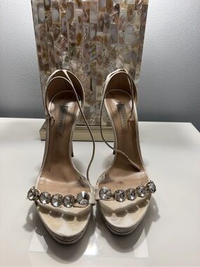 Casadei Ivory Crystal-Strap Platform High Heels